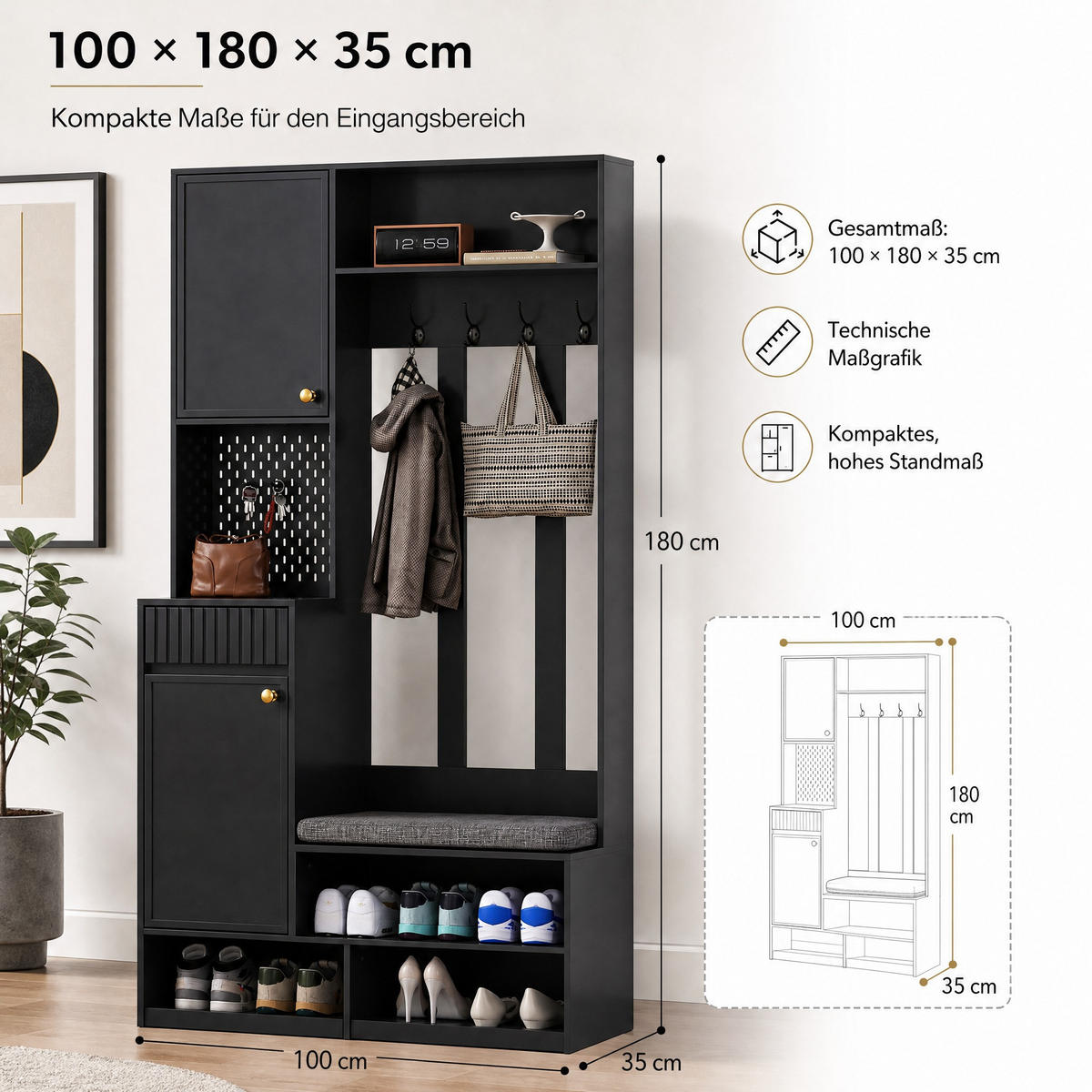GARDEROBE 100/180/35 cm Schwarz aus MDF mit Sitzbank - Schwarz/Grau, Holzwerkstoff (35/180/100cm) - OKMYHOME