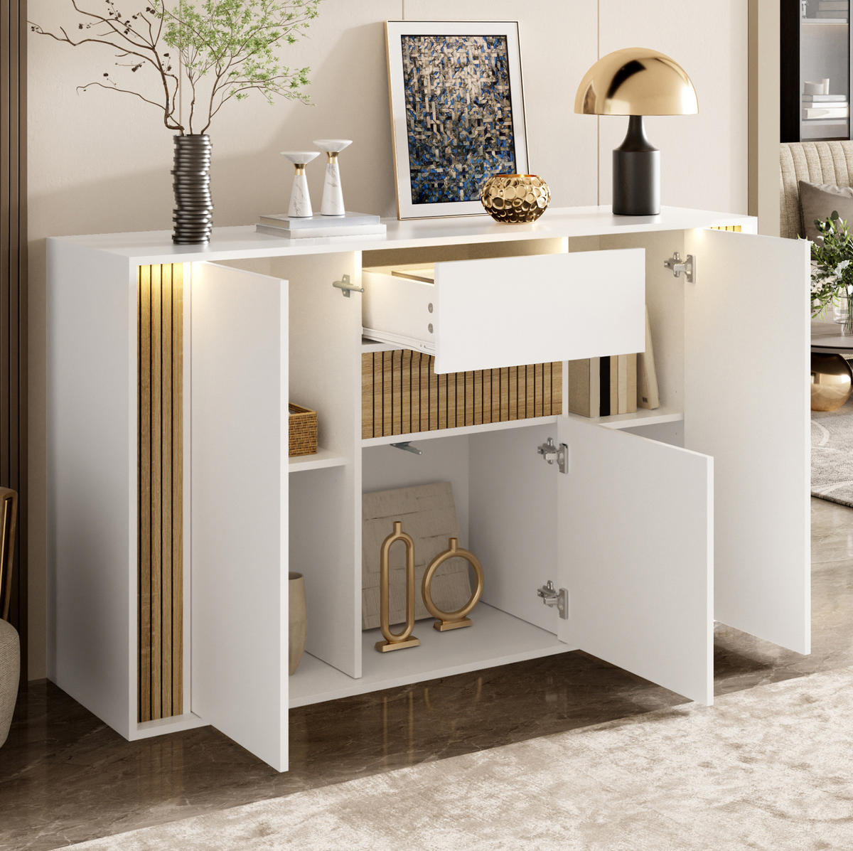 SIDEBOARD in Weiß und Natur 140x40x82 cm mit 3 Türen, Schublade und LED-Beleuchtung - Weiß, Holzwerkstoff (40/82/140cm) - IVMEU