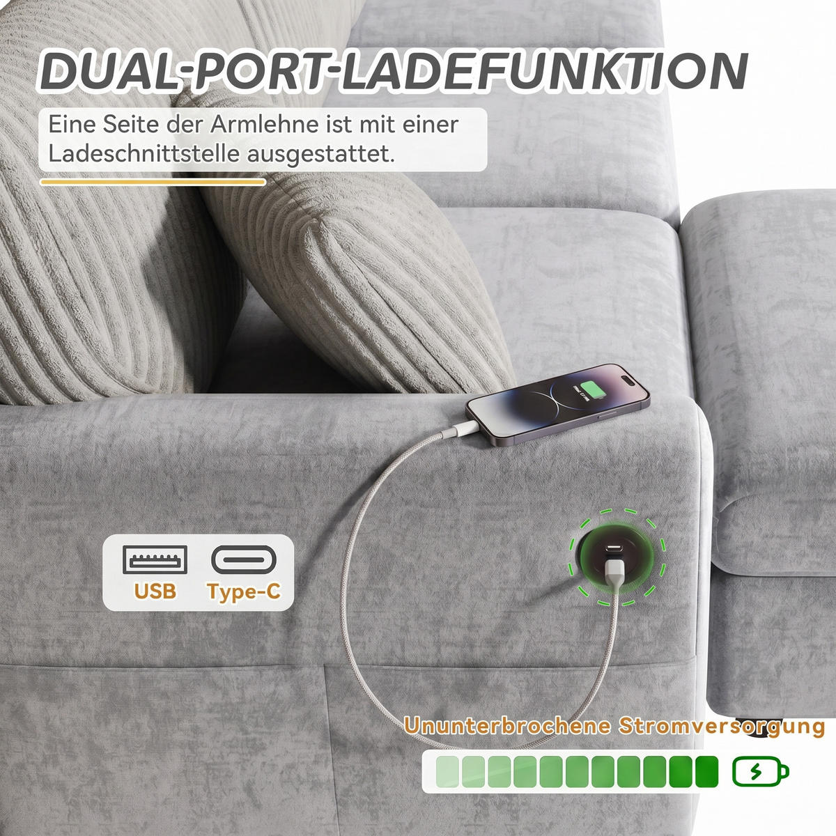 ECKSOFA 223/146/84 cm Grau mit 1 Fußhocker, 2 quadratischen Kissen, 1 USB-Anschluss und 1 Type-C-Anschluss - Grau, Textil (146/84/223cm) - Oxeza