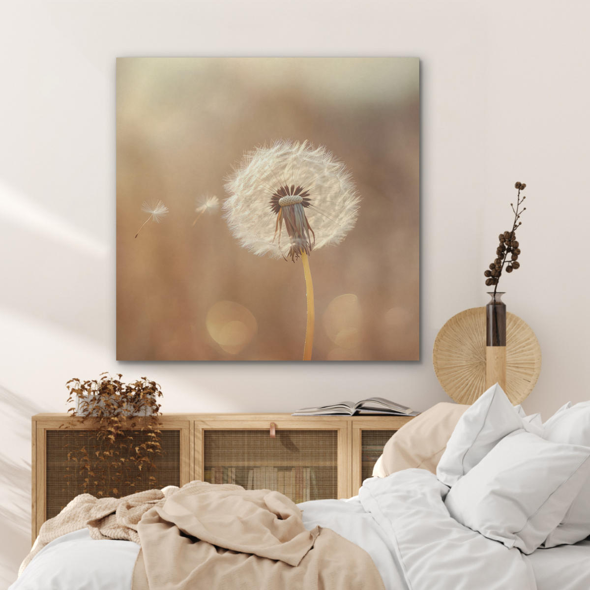 AKUSTIKPANEEL Löwenzahn - Beige - Natur - Blume 90x90 cm - Hellbraun, Textil (90/0.9/90cm) - MuchoWow
