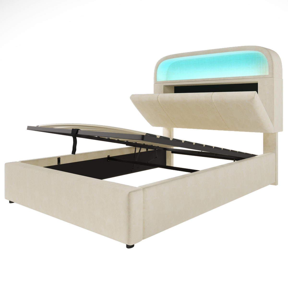 POLSTERBETT 90/200 cm Beige mit Matratze, LED-Beleuchtung und Stauraum - Beige, Textil (90/200cm) - Flora Grace