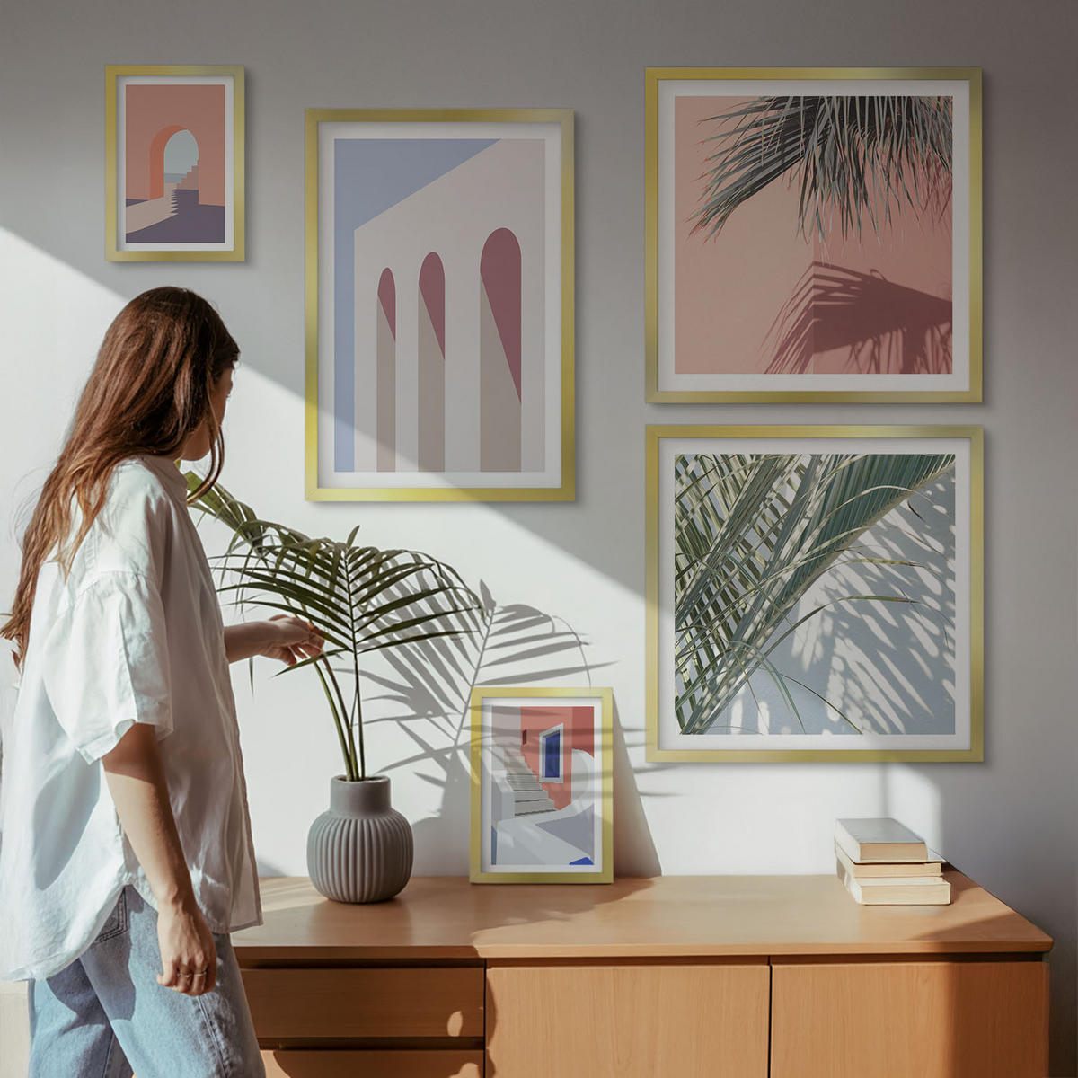 BILDER SET 5er Set - 50x50 cm & 20x30 cm & 40x60 cm Goldrahmen - Illustrationen der Stadtarchitektur - Goldfarben, Kunststoff (40/60cm) - TULUP