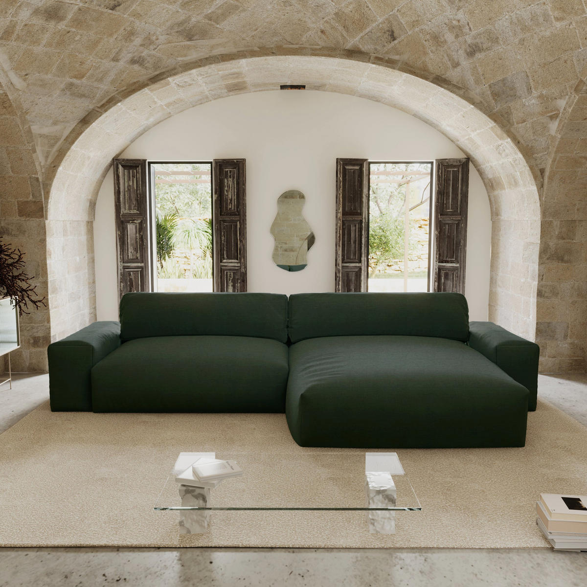 ECKSOFA RECHTS Rastergewebe mit weichem Griff Khakigrün 310cm - Olivgrün/Grün, Textil (310/174cm) - Sia Home