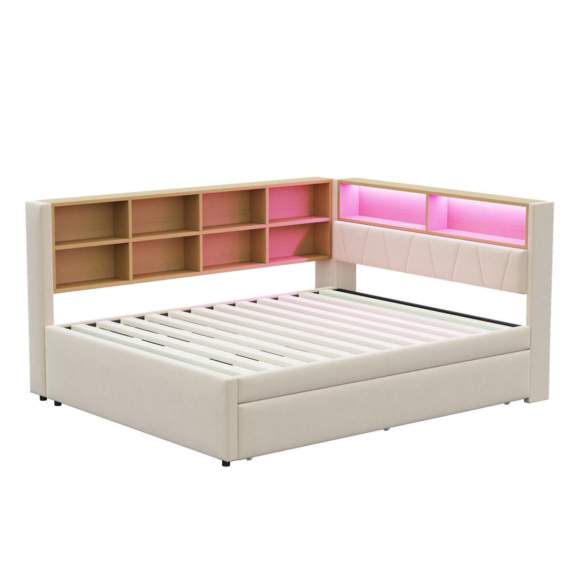 BETT mit Ausziehbett 140/200 cm & 90/190 cm mit LED-Beleuchtung und USB-Anschlüssen Flanell Beige - Beige, Textil (140/200cm) - OKWISH