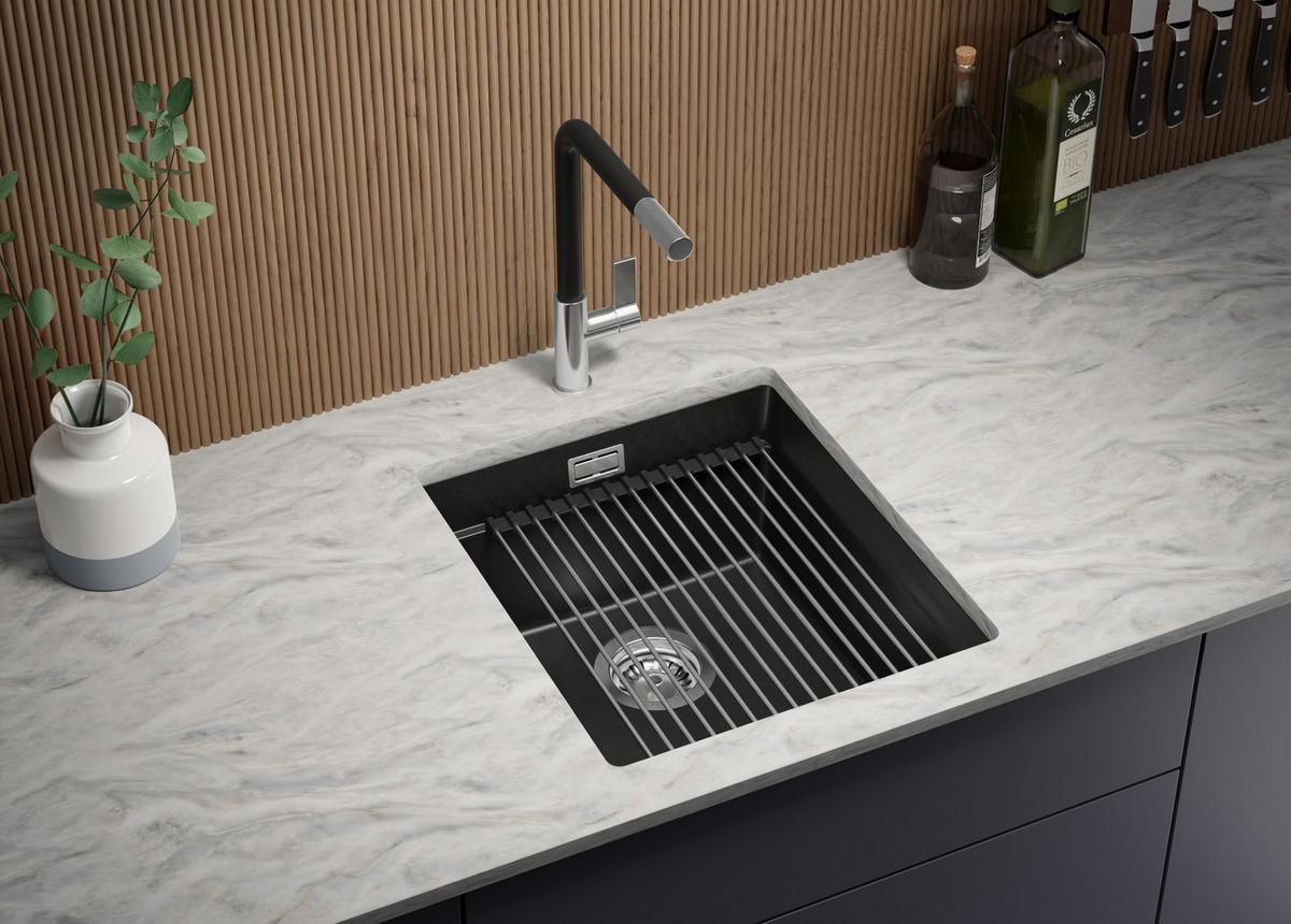 UNTERBAUSPÜLE GRANIT Praga, 2-er set Schwarz 41/47 cm 1 Becken + Küchenarmatur 40/38 cm + Ablauf-Set + Aufrollbare Abtropffläche ab 45er Unterschrank - Chromfarben/Schwarz, Kunststoff (41/20/47cm) - Primagran