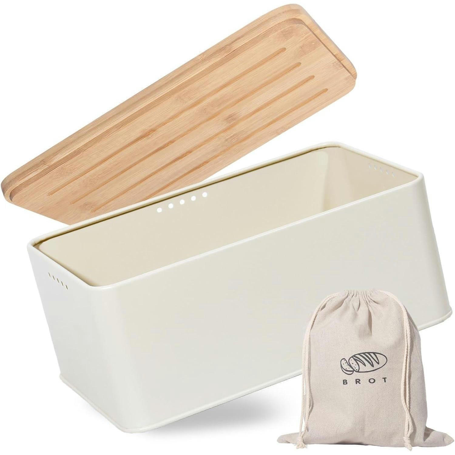 BROTKASTEN mit Schneidebrett und Brotbeutel Beige 33x21x15cm - Creme, Naturmaterialien (21/15/33cm)