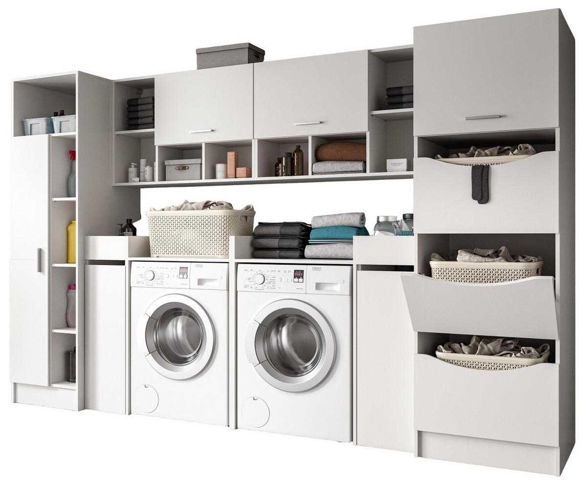 WASCHMASCHINENSCHRANK weiß Set 8-teilig 300 cm, Waschmaschinenumbau XXXL mit viel Stauraum - Silberfarben/Weiß, Glas/Holzwerkstoff (300/196/68cm) - Inn.Furn