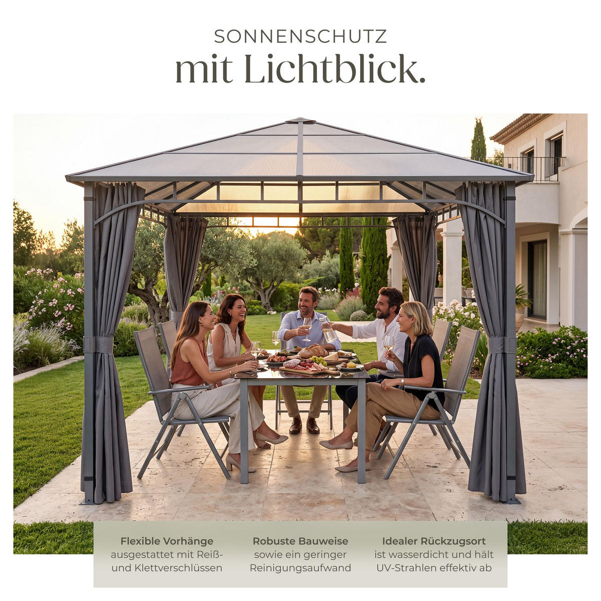 GARTENPAVILLON Caracas, inklusive 8 Heringen, grau - Grau, Metall (300/263/400cm) - tectake