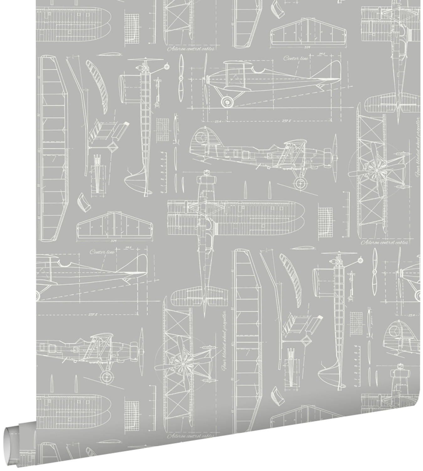 TAPETE Kontruktionszeichnungen von Flugzeugen 53 cm x 10.05 m - Grau, Papier (53/1000cm) - ESTAhome