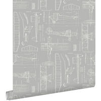 TAPETE Kontruktionszeichnungen von Flugzeugen 53 cm x 10.05 m - Grau, Papier (53/1000cm) - ESTAhome