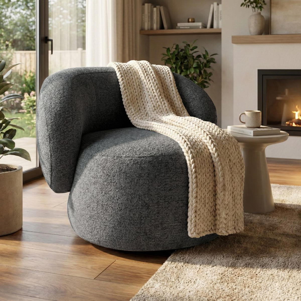 SESSEL Mao, Drehsessel mit runder Form, Dunkelgrau, Chenille-Stoff - Dunkelgrau, Textil (99/82/91cm) - Beautysofa