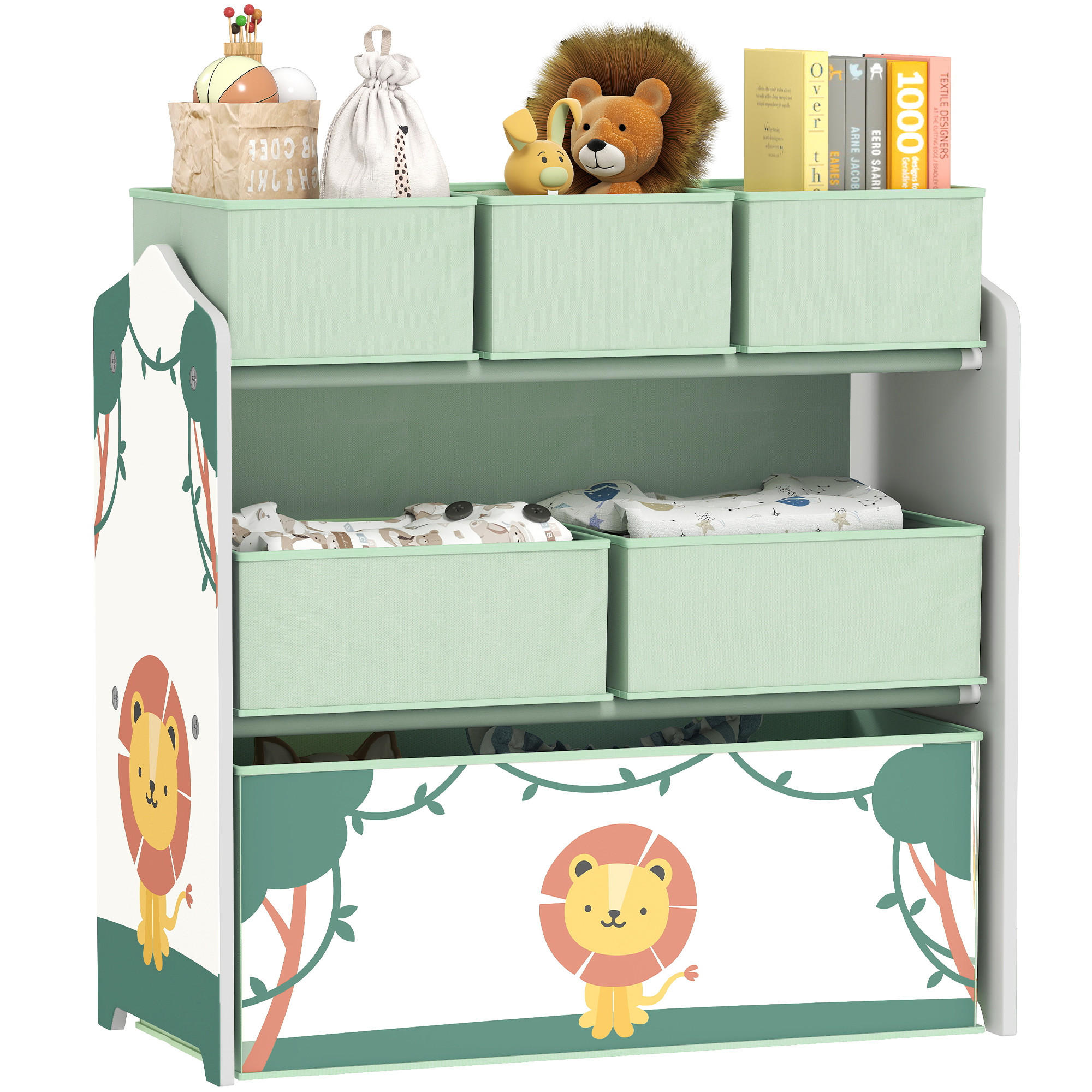 KINDERREGAL DE-17258 3 Ebenen & 6 herausnehmbare Stoffboxen Grün - Grün, Holzwerkstoff (63/66/30cm) - ComfortXL