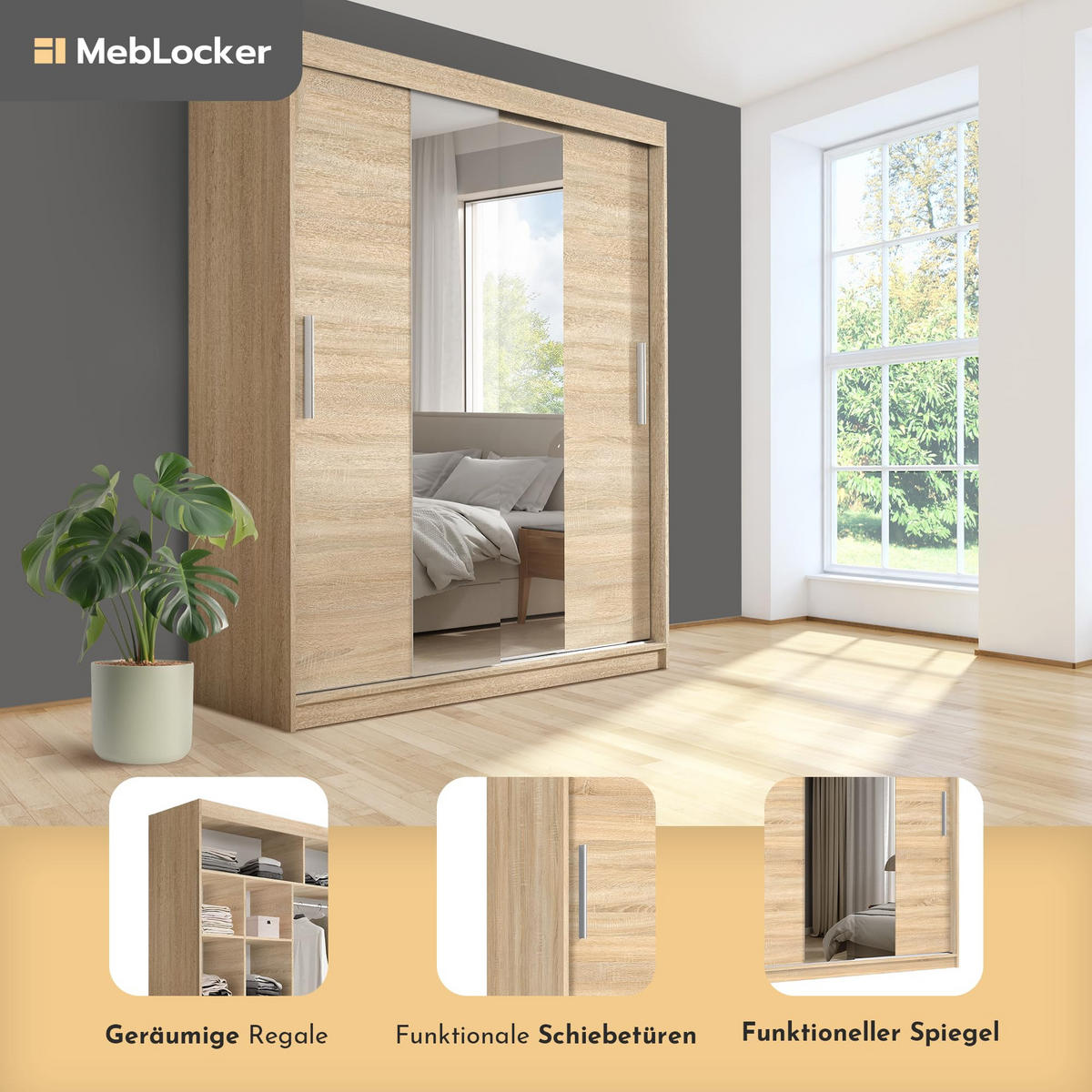 SCHIEBETÜRENSCHRANK mit Spiegel - Sonoma Eiche, Holzwerkstoff (215.5/180/59cm) - MebLocker