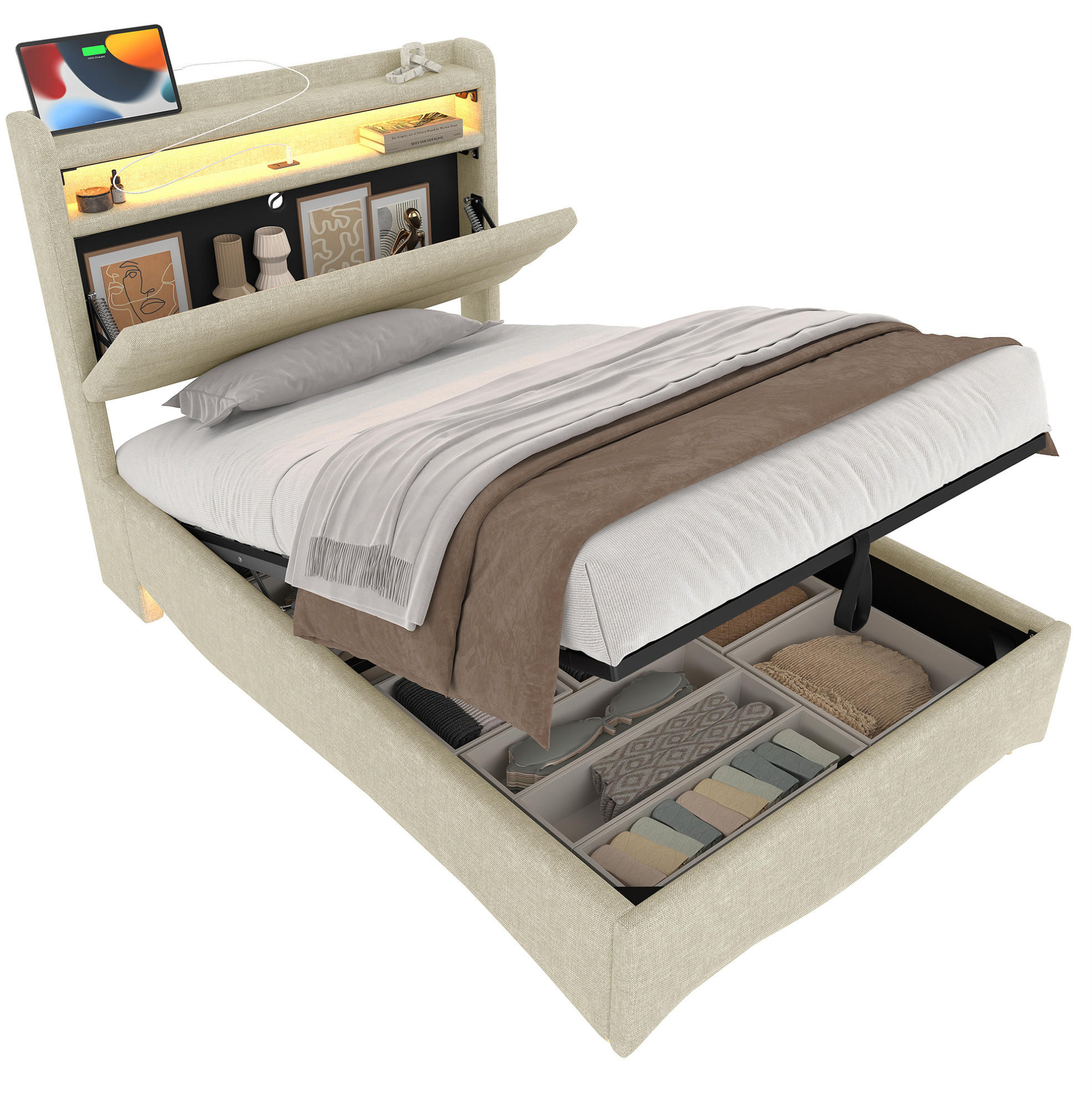 ČALÚNENÁ posteľ 90/200 cm z ľanu béžová, s LED osvetlením, hydraulickým úložným priestorom a USB/Typ-C - béžová, textil (90/200cm) - BEAOK