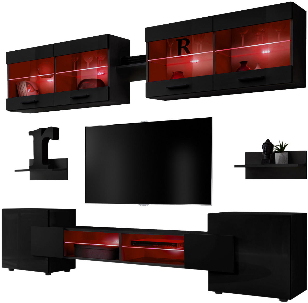 WOHNZIMMERSET Foggia, 6er-Set, Schwarz, Front Hochglanz Schwarz, LED Mehrfarbige - Schwarz, Glas/Holzwerkstoff (230/190/45cm) - Komodee