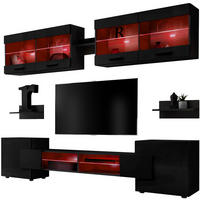 WOHNZIMMERSET Foggia, 6er-Set, Schwarz, Front Hochglanz Schwarz, LED Mehrfarbige - Schwarz, Glas/Holzwerkstoff (230/190/45cm) - Komodee