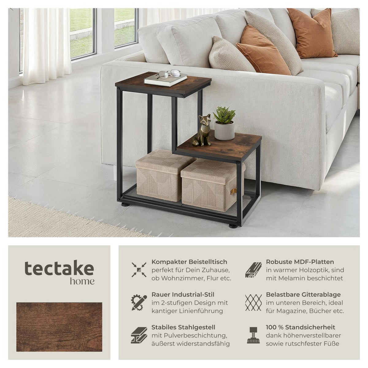 BEISTELLTISCH Halifax,60,5 x 35,5 x 60,5 cm,Industrial Holz dunkel, rustikal - Rostfarben, Holz (60.5/35.5/60.5cm) - tectake