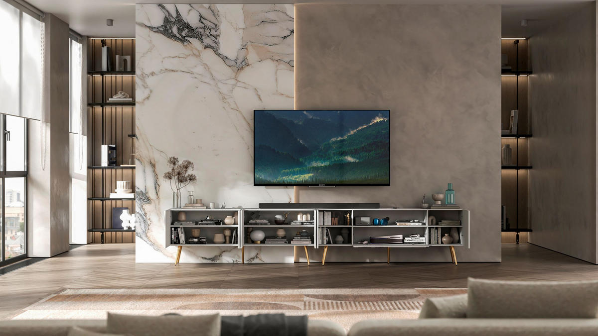 TV-LOWBOARD 2er-Set Elpis2 Weiß matt mit goldenen Metallbeinen150 cm - Goldfarben/Weiß, Holzwerkstoff (300/60.5/36.5cm) - Meble Lindner