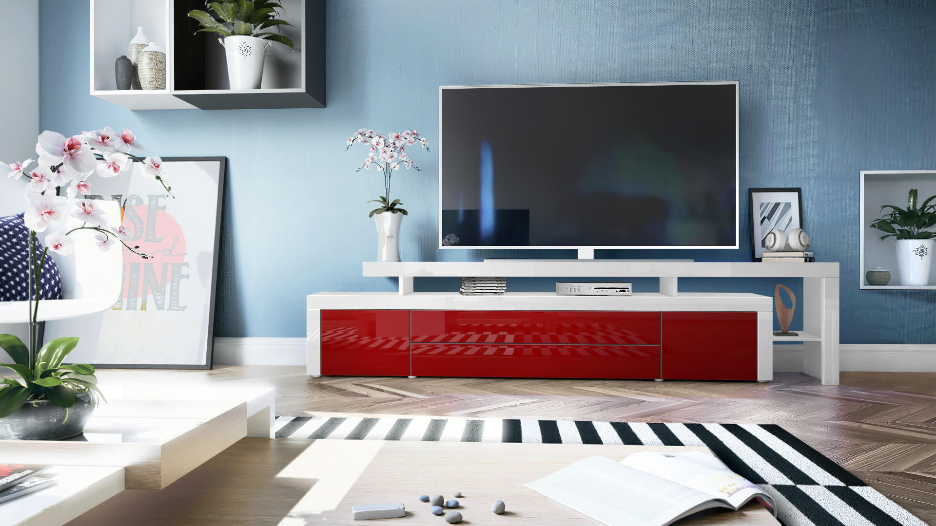 LOWBOARD Leon Bordeaux Hochglanz / Weiß Hochglanz - Bordeaux, Holzwerkstoff (227/52/35cm) - Vladon