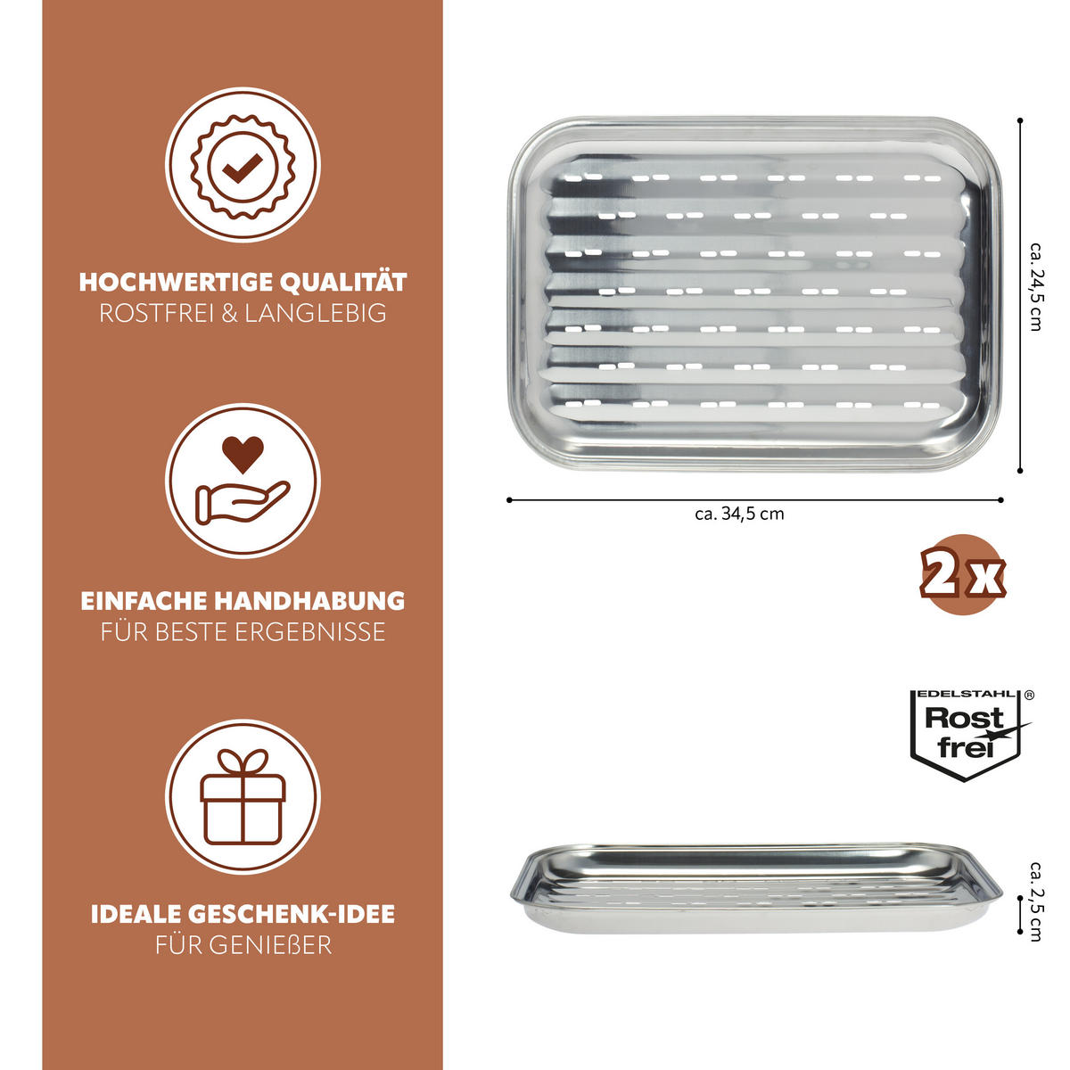 GRILLSCHALE 2er-Set, silber, Edelstahl - Edelstahlfarben, Metall (24.5/2.5/35cm) - bremermann