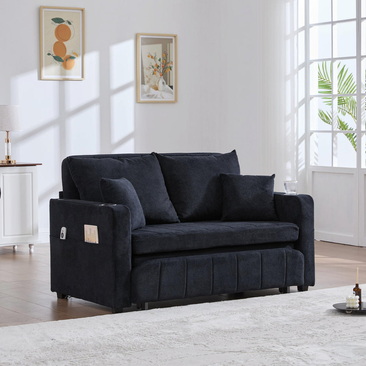 SCHLAFSOFA aus chenille mit bettfunktion, usb-anschluss & becherhaltern - Schwarz, Textil (139/83/73cm) - Urban Meuble