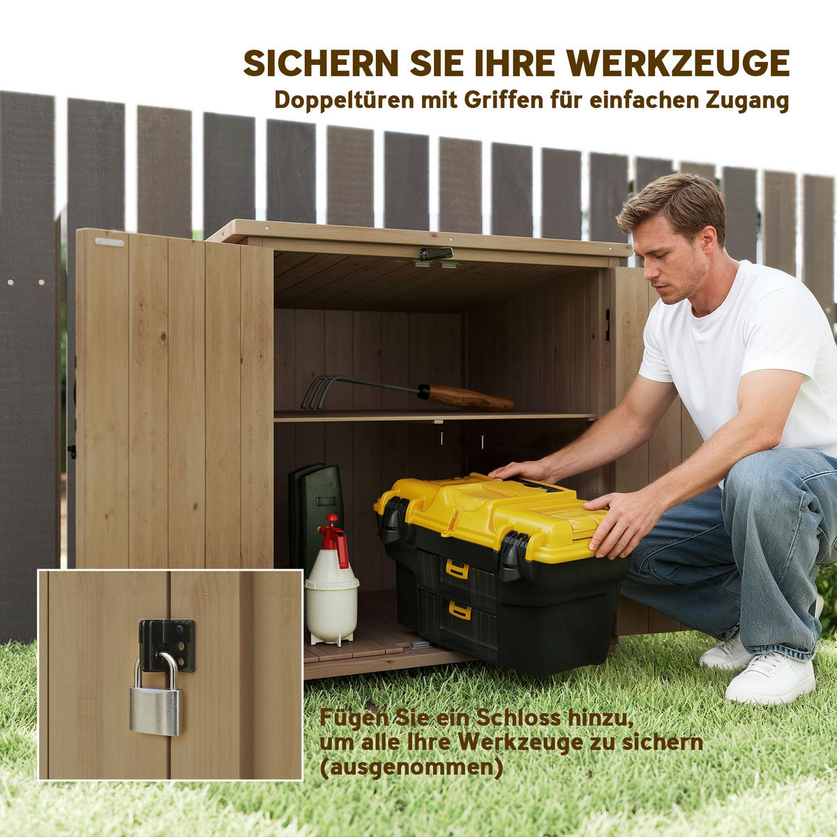 GARTENSCHRANK, Wetterfester Geräteschuppen, Doppeltür, für Garten Balkon, Holz, Natur - Fichtefarben, Holz (88/90/77.5cm) - Outsunny