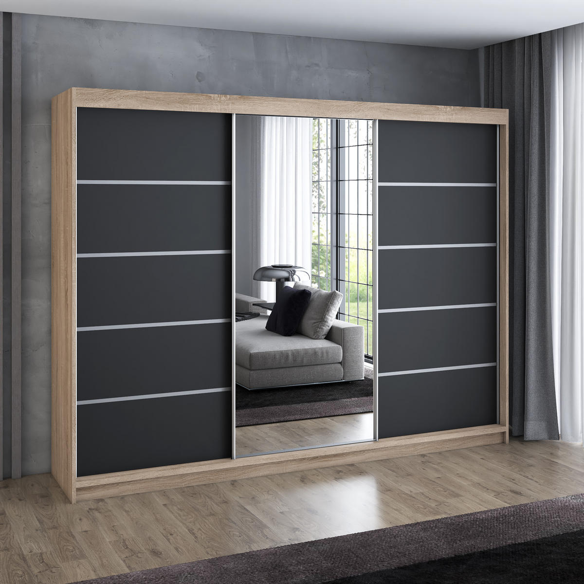 SCHWEBETÜRENSCHRANK 200 cm VILANO 1 Farbe: Sonoma,Schwarz - Schwarz/Sonoma Eiche, Holzwerkstoff (200/215/59.5cm) - A&J MöbelLand