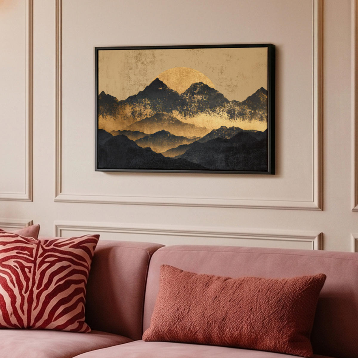 LEINWAND Bilder mit Rahmen - Goldene Berge bei Mondschein - 60x40 - Goldfarben, Textil (60/40cm) - MuchoWow