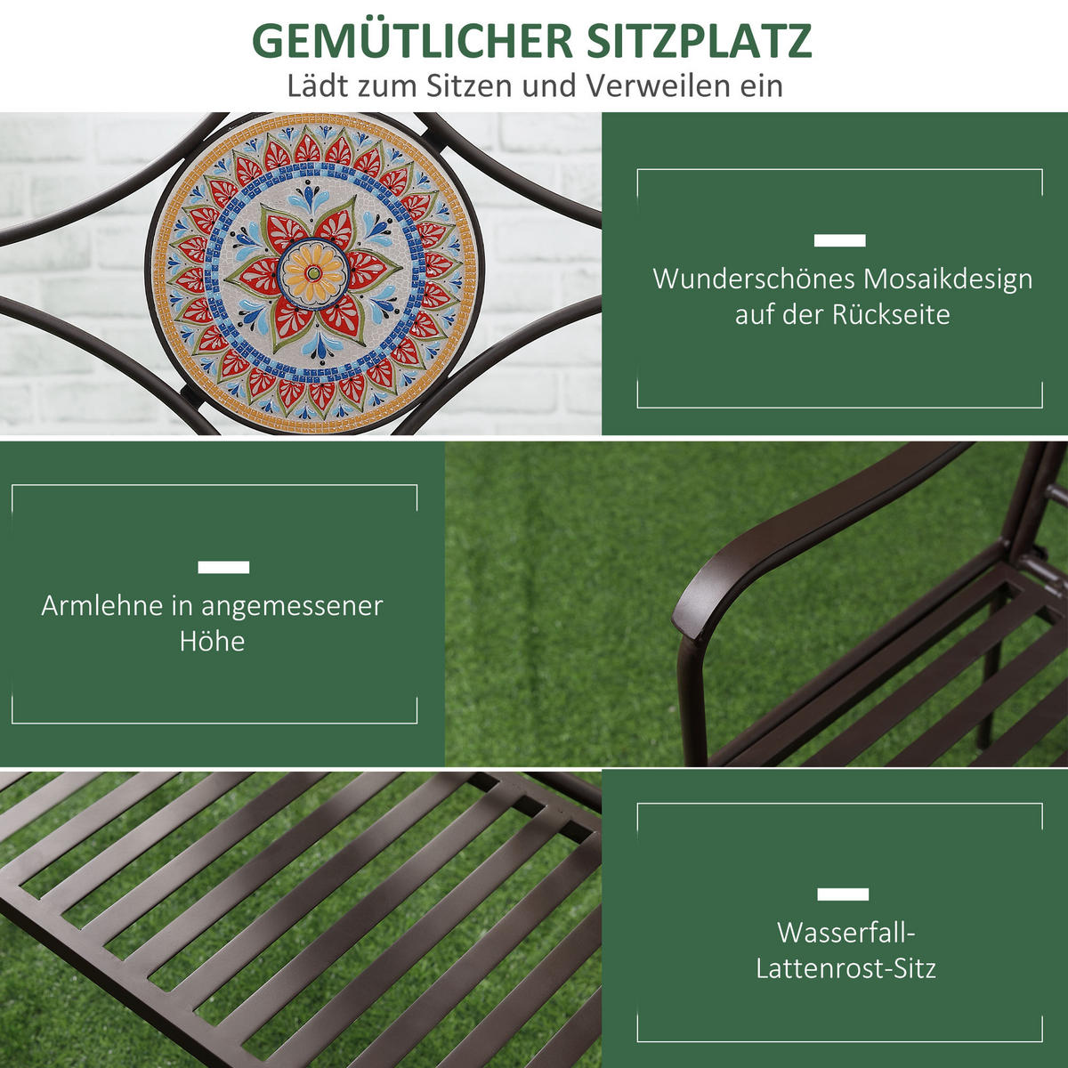 PARKBANK, mit Rückenlehne, 2-Sitzer, max. 220 kg, 121 x 52 x 93 cm, Stein, Braun - Braun, Stein (121/93/52cm) - Outsunny
