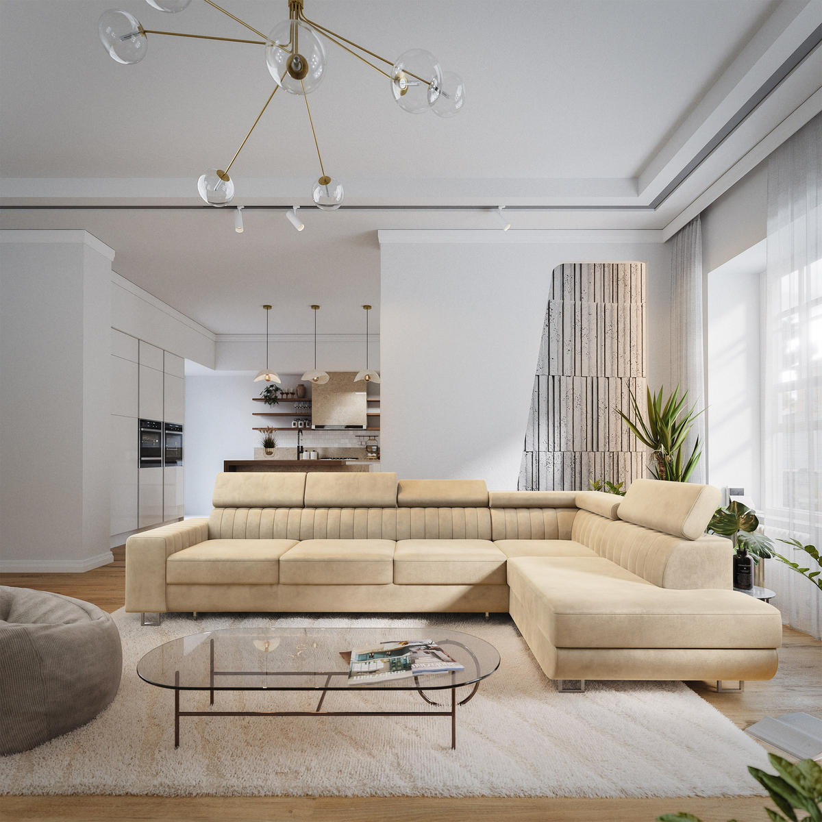 ECKSOFA HESTION Creme Velours-Stoff mit Schlaffunktion - Creme, Holz (332/190cm) - MASSENO