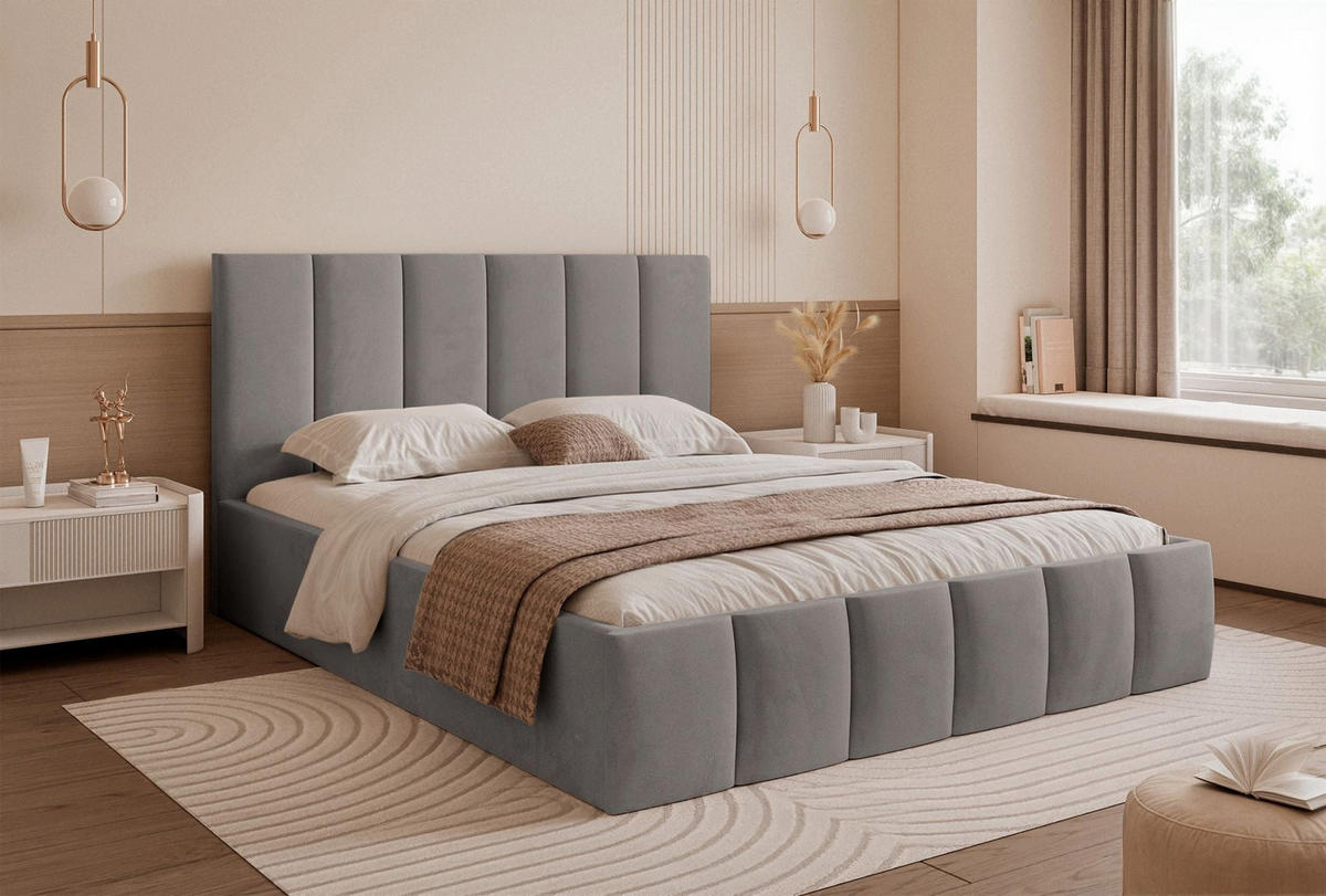 POLSTERBETT Sarafino Hellgrau Samt 160x200 cm - Hellgrau, Textil (160/200cm) - Selsey
