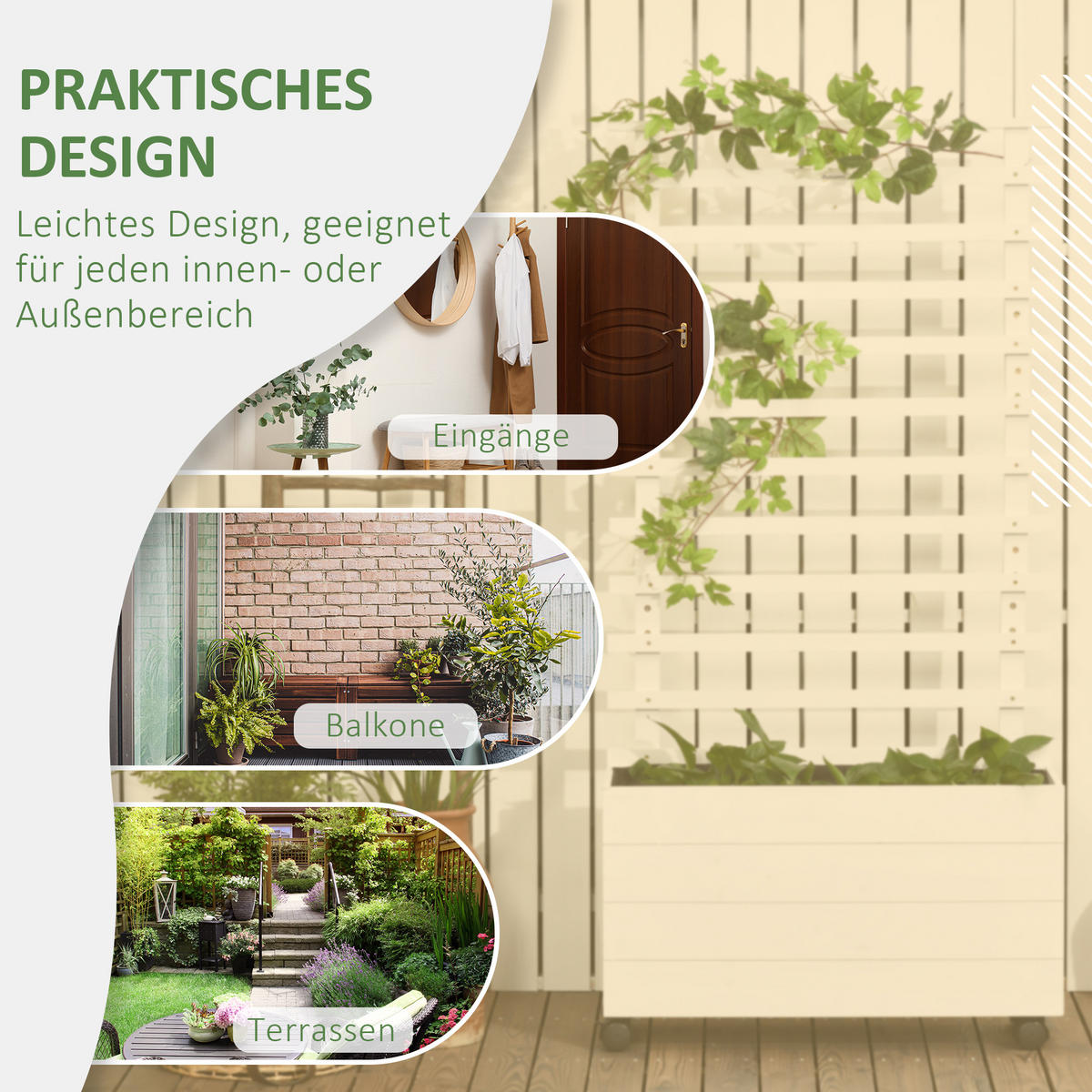 PFLANZKASTEN, Blumenkasten mit Rollen, Hochbeet für Kletterpflanzen, Naturholz, Weiß - Weiß, Holz (30/155/76cm) - Outsunny