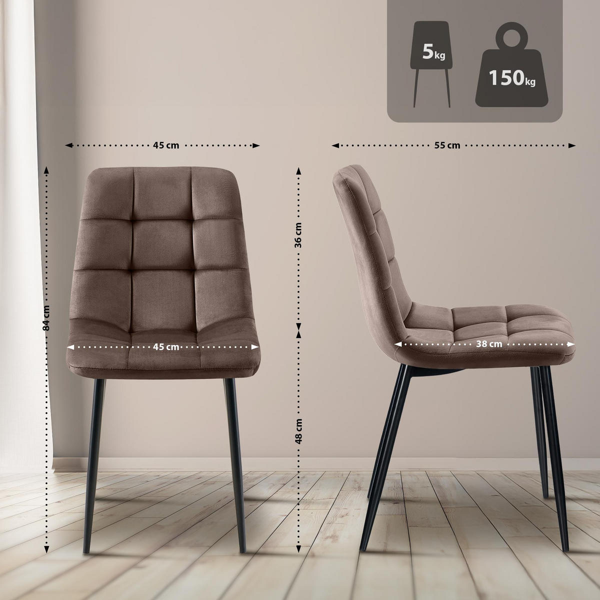 STUHL Samt Braun - Schwarz/Braun, Textil/Metall (45/84/55cm) - CLP