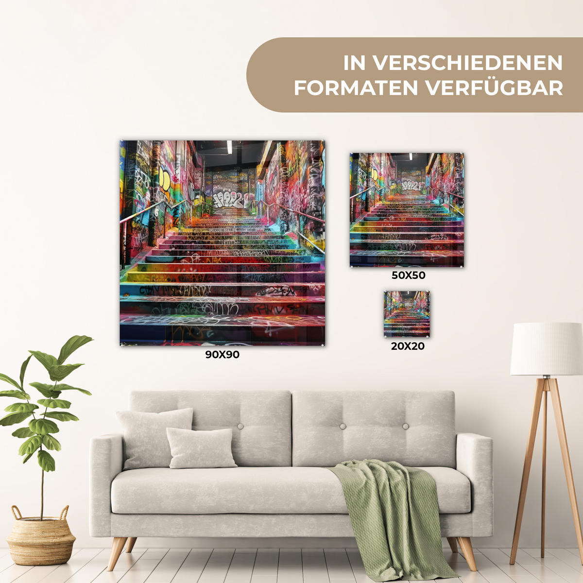 ACRYLGLASBILD Treppe - Graffiti - Farben - Kunst 90x90 cm - Multicolor, Glas (90/90cm) - MuchoWow
