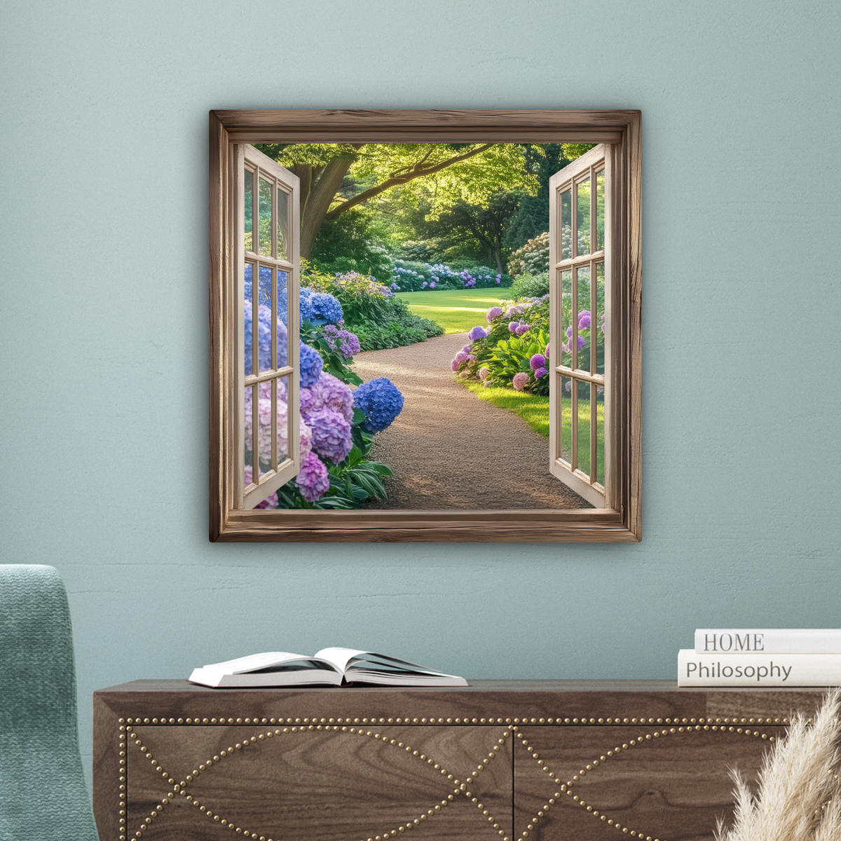 LEINWANDBILD Aussicht - Garten - Fenster - Hortensie - Blumen 50x50 cm - Pastellblau, Textil (50/50cm) - MuchoWow