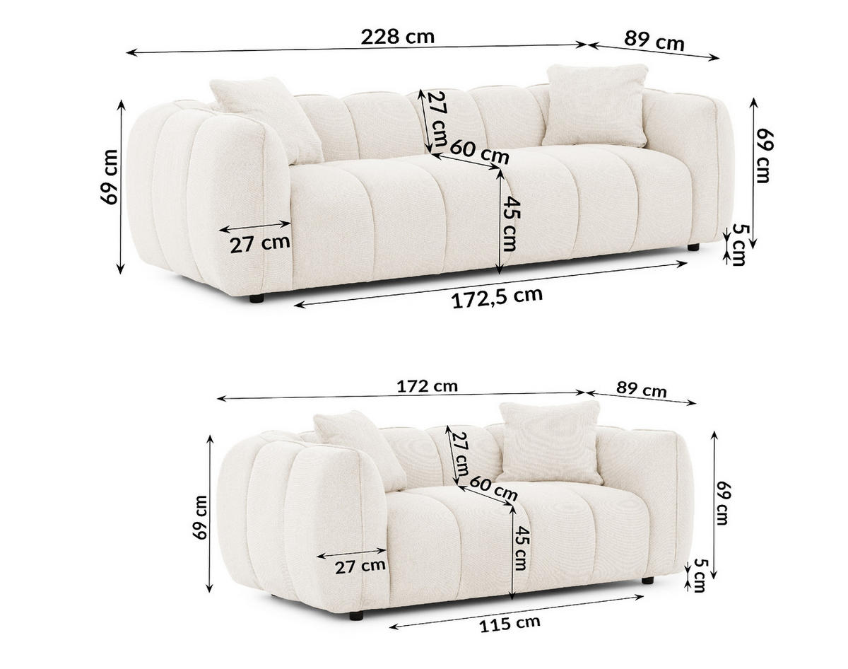 SITZGARNITUR 3+2 Nubira in tief gesteppter Bubble-Optik aus weichem Creme Strukturstoff im modernen Design - Creme/Schwarz, Holz/Kunststoff (228/69/89cm) - S-Style Möbel