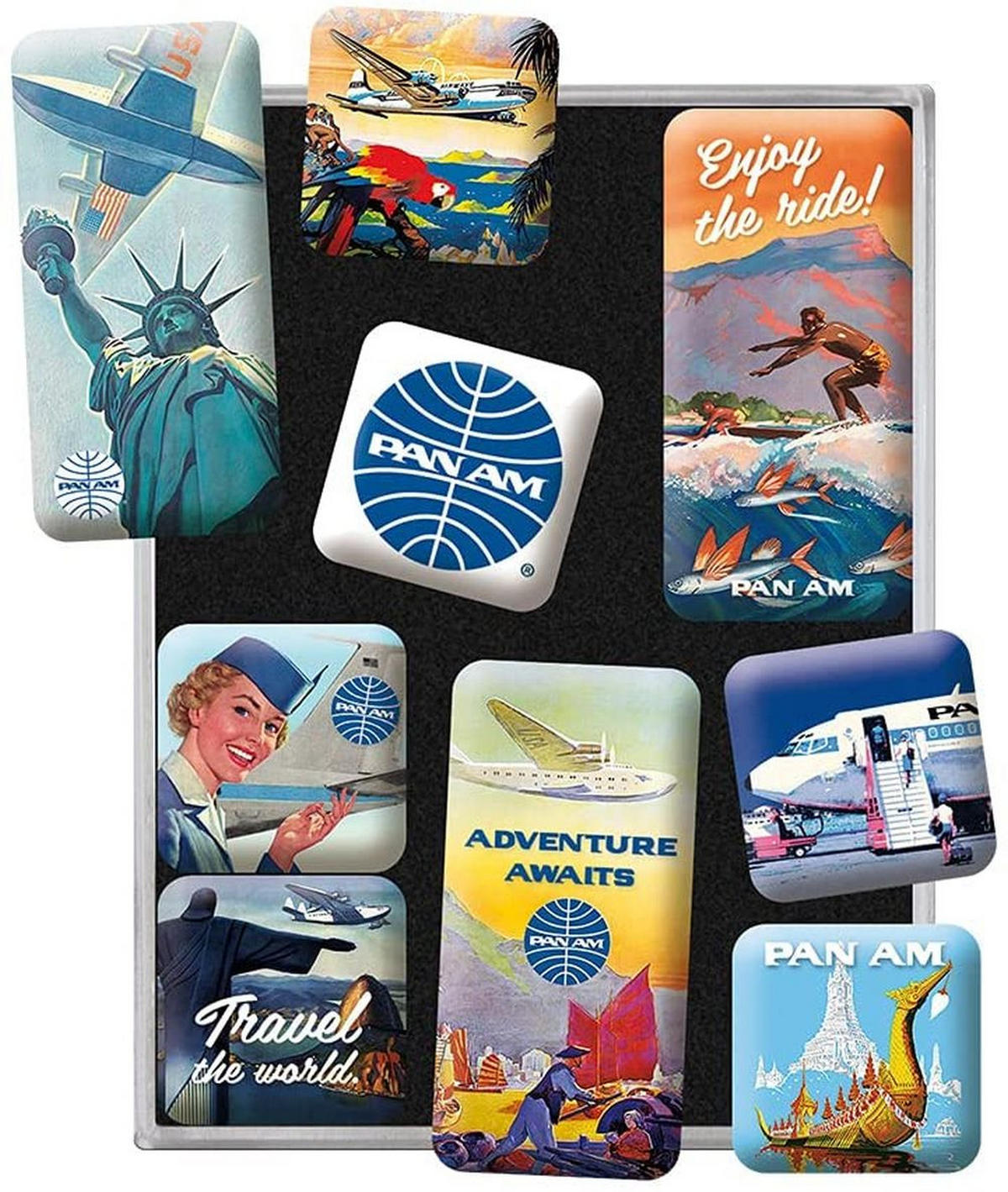MAGNETSET 9-teilig Pan Am Travel The World Posters - Multicolor, Metall (7/9/2cm) - Nostalgic-Art