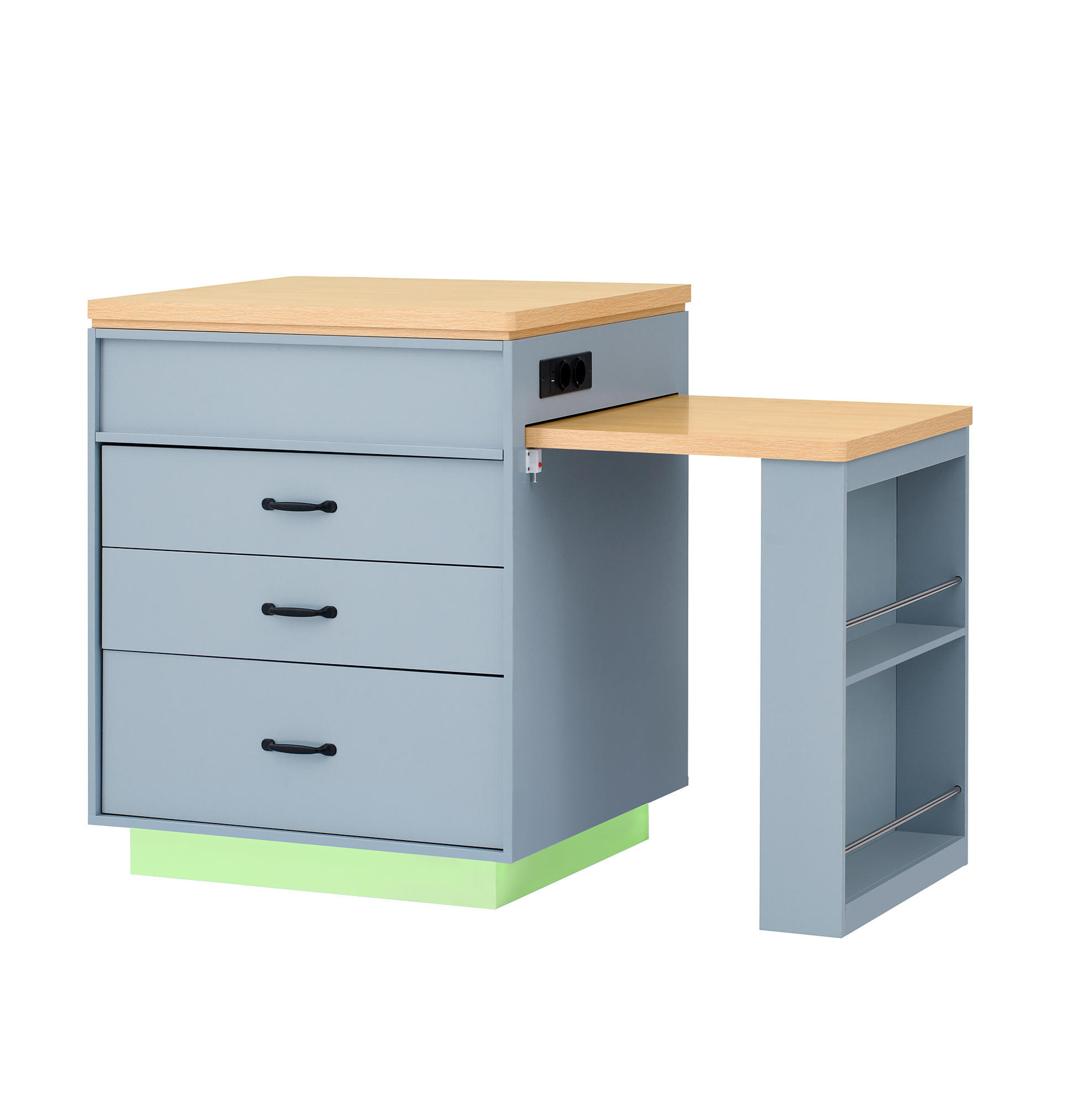 KÜCHENINSEL 125,5-187,5/71/93 cm aus MDF mit ausziehbarer Tischplatte, LED-Beleuchtung, USB/Type-C und Rollen, Blau - Hellblau, Holzwerkstoff (125.5/93/71cm) - Redom
