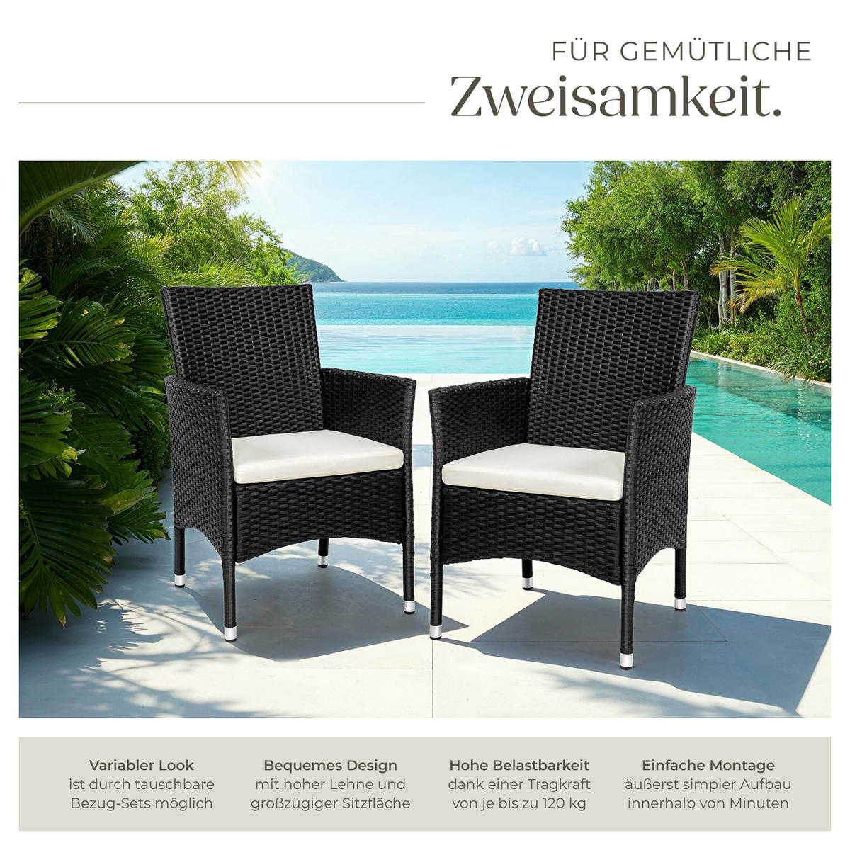 RATTANSTUHL 2er Set Nantes,59 x 57 x 85 cm,schwarz/beige - Beige/Schwarz, Kunststoff (57/85/59cm) - tectake