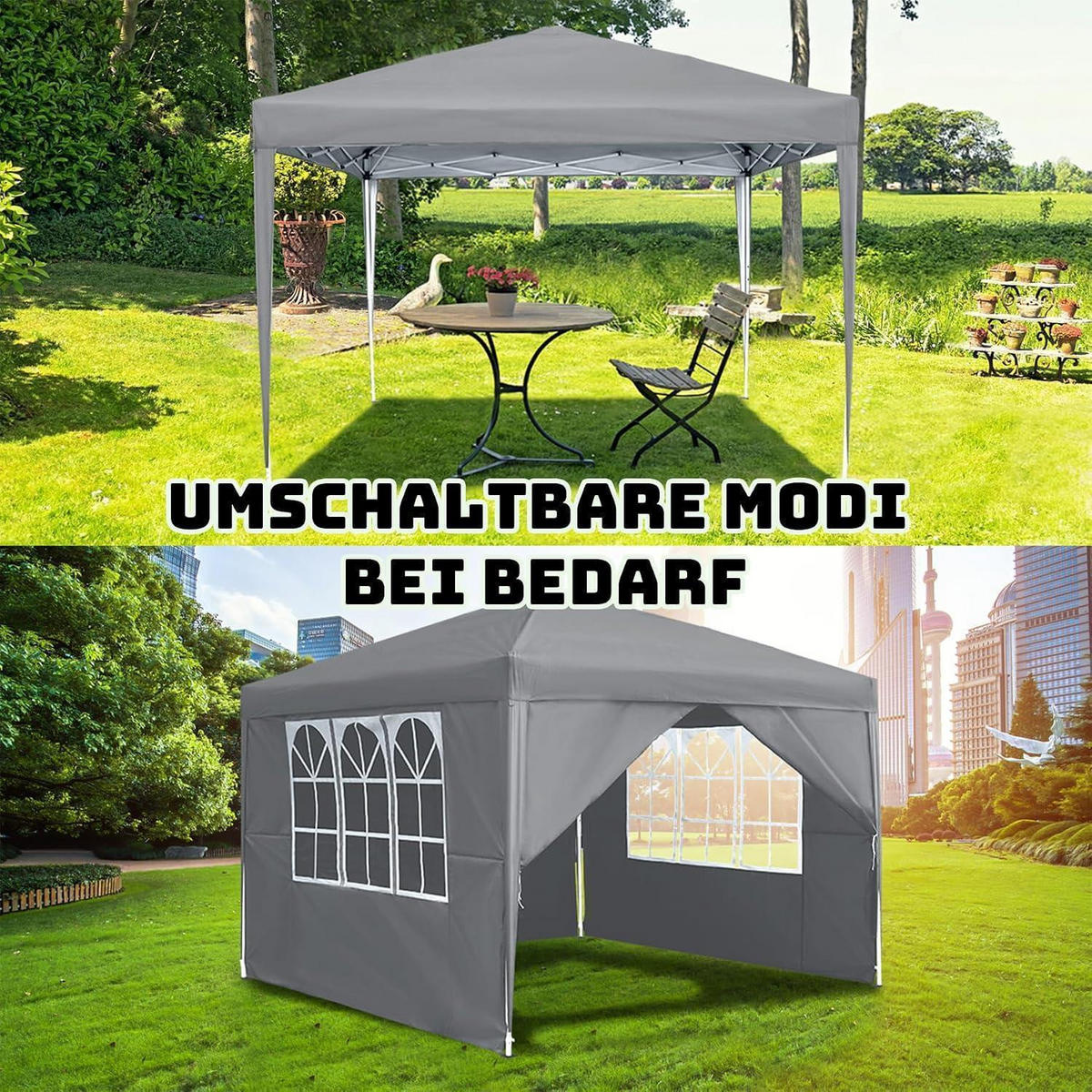 FALTPAVILLON 3 x 3 m Grau mit 4 Seitenteilen und Fenstern - Grau, Textil (300/260/300cm)