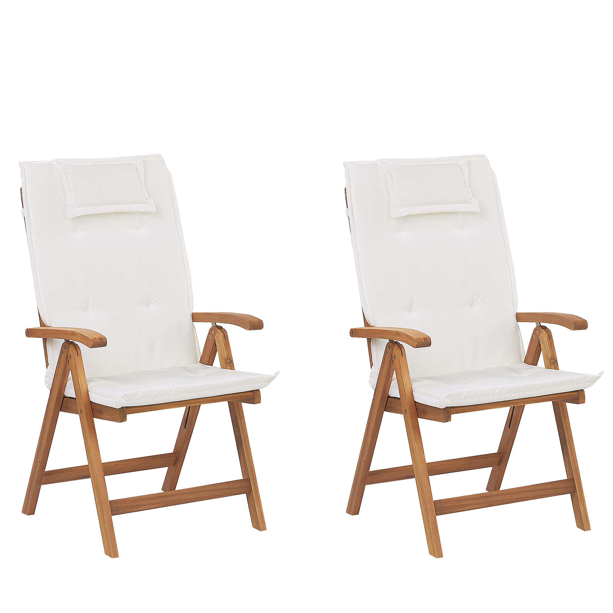 GARTENSTUHL 2er-Set Akazienholz hellbraun Auflagen cremeweiß Java - Hellbraun/Creme, Holz (54/105/69cm) - Beliani