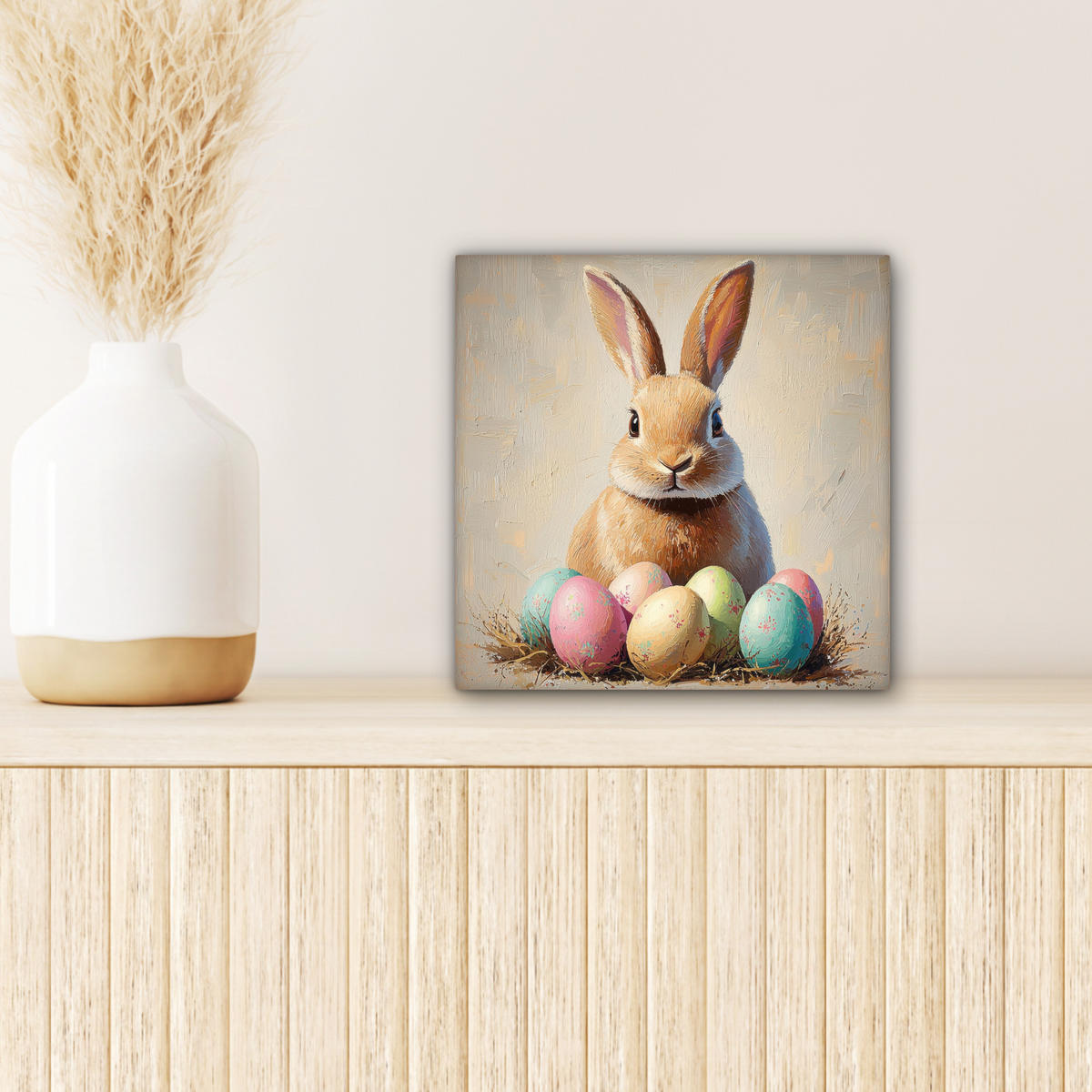 LEINWANDBILD Osterhase - Pastell - Eier Deko Wohnzimmer 20x20 cm - Beige, Textil (20/20cm) - MuchoWow