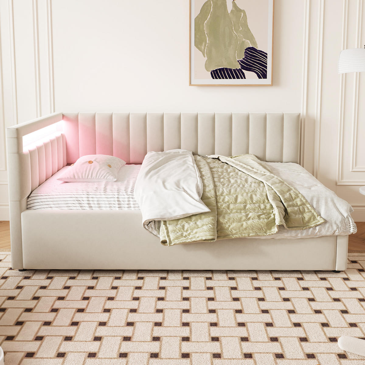 POLSTERBETT 90/200 cm beige aus Samt mit LED und hydraulischem Stauraum - Beige, Textil (90/200cm) - OKWISH