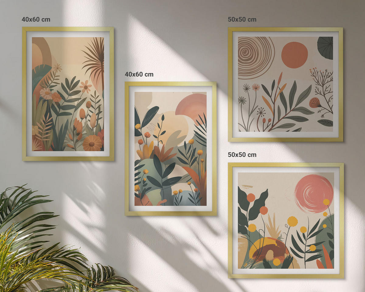 BILDER SET 4er Set - 50x50 cm & 40x60 cm Goldrahmen - Pflanzenmotive in Farben - Goldfarben, Kunststoff (50/50cm) - TULUP
