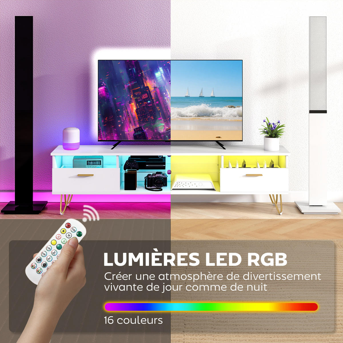 LOWBOARD Weiß 160/35/42 cm, LED-Beleuchtung, Soft-Close, Metallfüße - Weiß, Holzwerkstoff (160/42/35cm) - PANGIVO