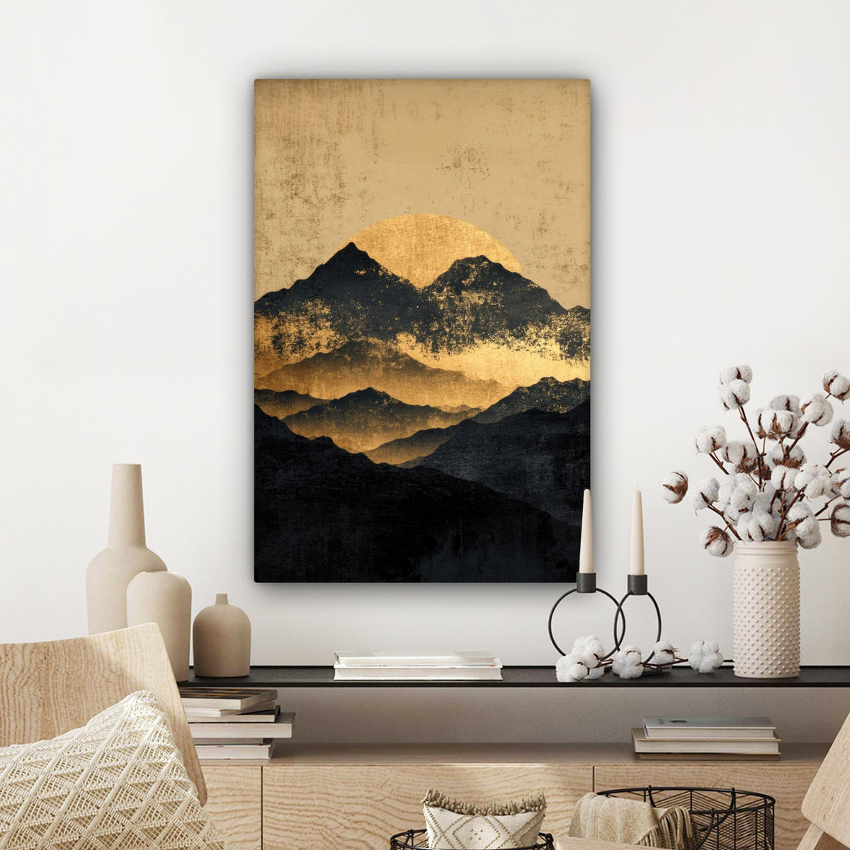 LEINWANDBILD Goldene Berge bei Mondschein Wanddeko Schlafzimmer 60x90 cm - Goldfarben, Textil (60/90cm) - MuchoWow