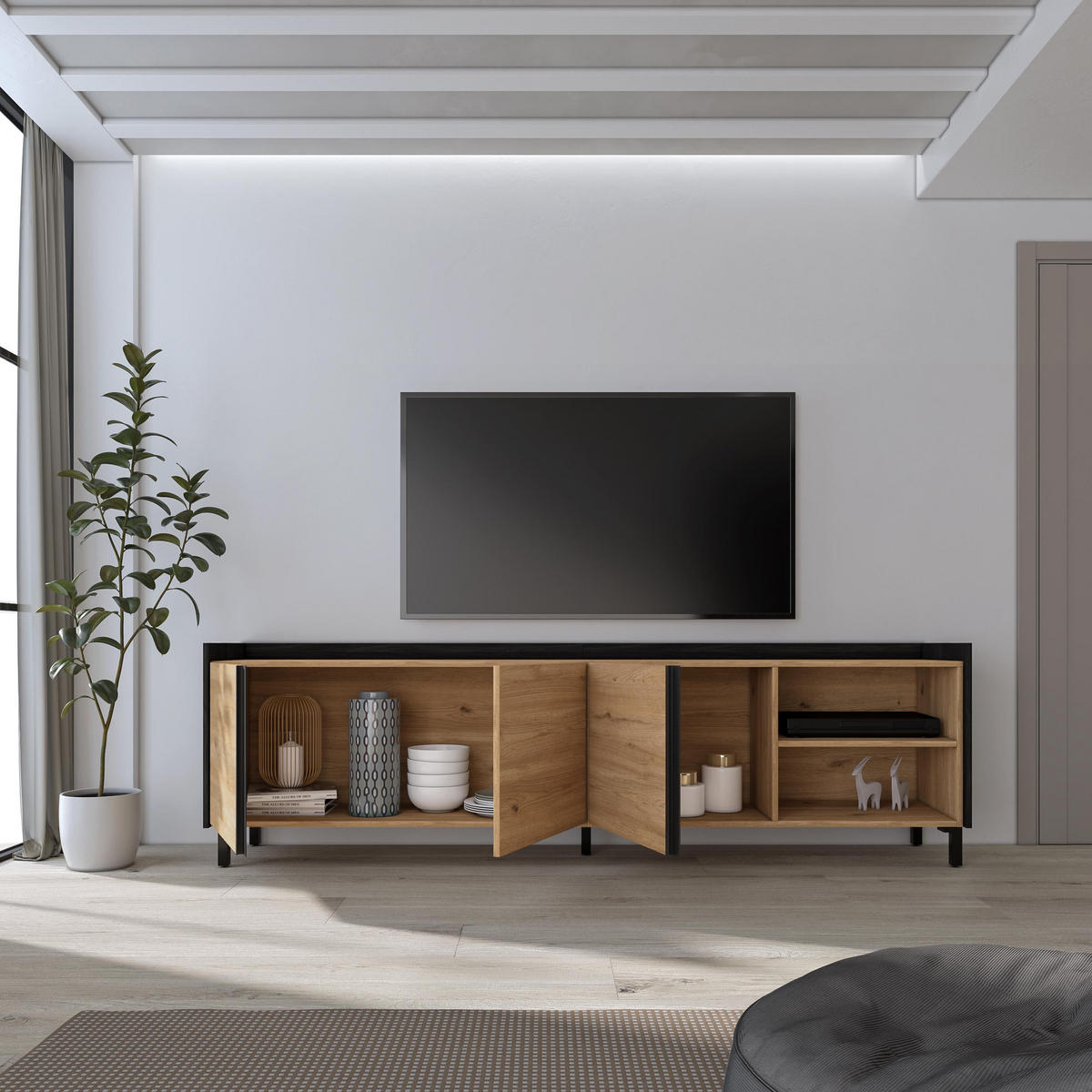 LOWBOARD, Eiche und Schwarz, 207/35/61cm, mit Beinen - Eichefarben, Holzwerkstoff (207/61/35cm) - Skraut Home