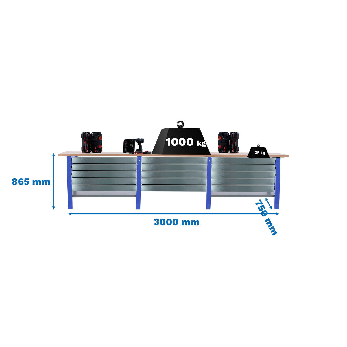 WERKBANK Buffalo Wood mit 15x Schublade HxBxT 86,5 x 300 x 75 cm Traglast 1000 kg Blau - Blau, Metall (300/86.5/75cm) - PROREGAL