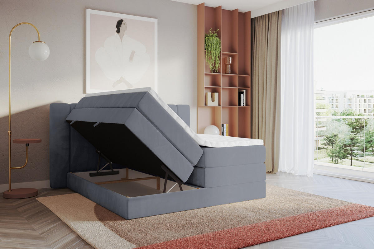 BOXSPRINGBETT mit Matratze H3/H4 - EVON KING - 140x200 cm Grau - Grau, Holzwerkstoff (140/200cm) - ALTDECOR