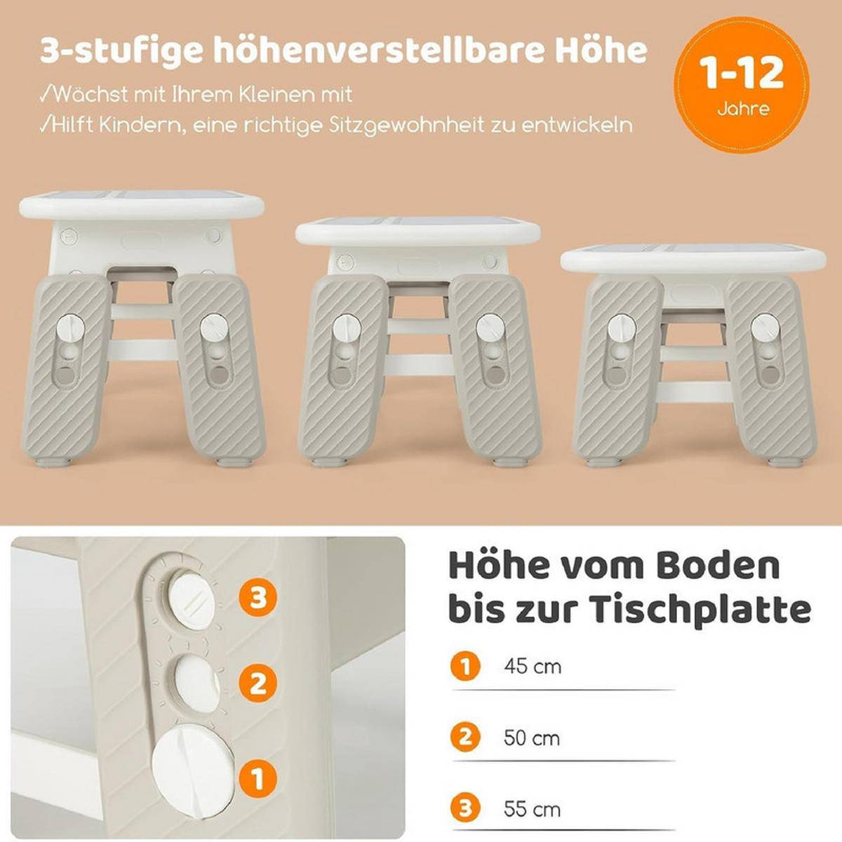 KINDERTISCH mit Stuhl grau(2-tlg) - Grau, Kunststoff (80/40/50cm) - COSTWAY